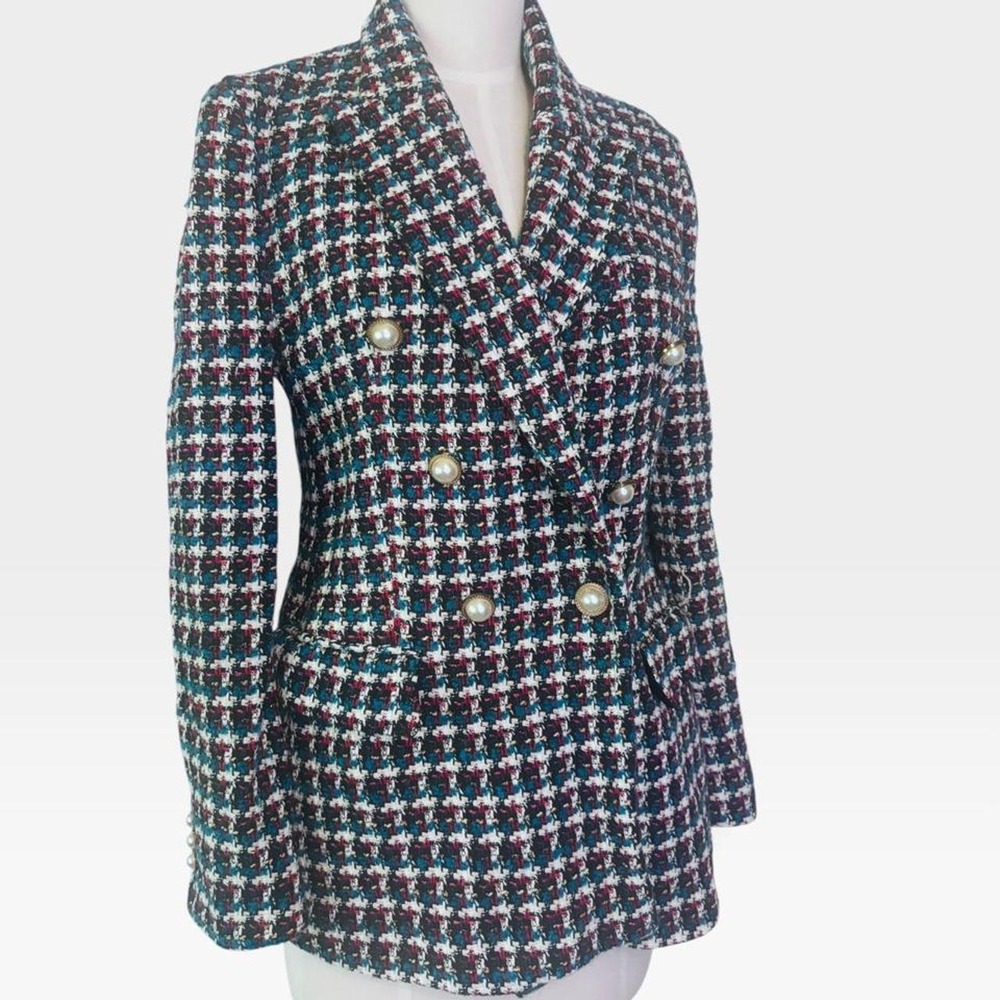 Multi-Colored Houndstooth Tweed Blazer with Pearl Buttons
